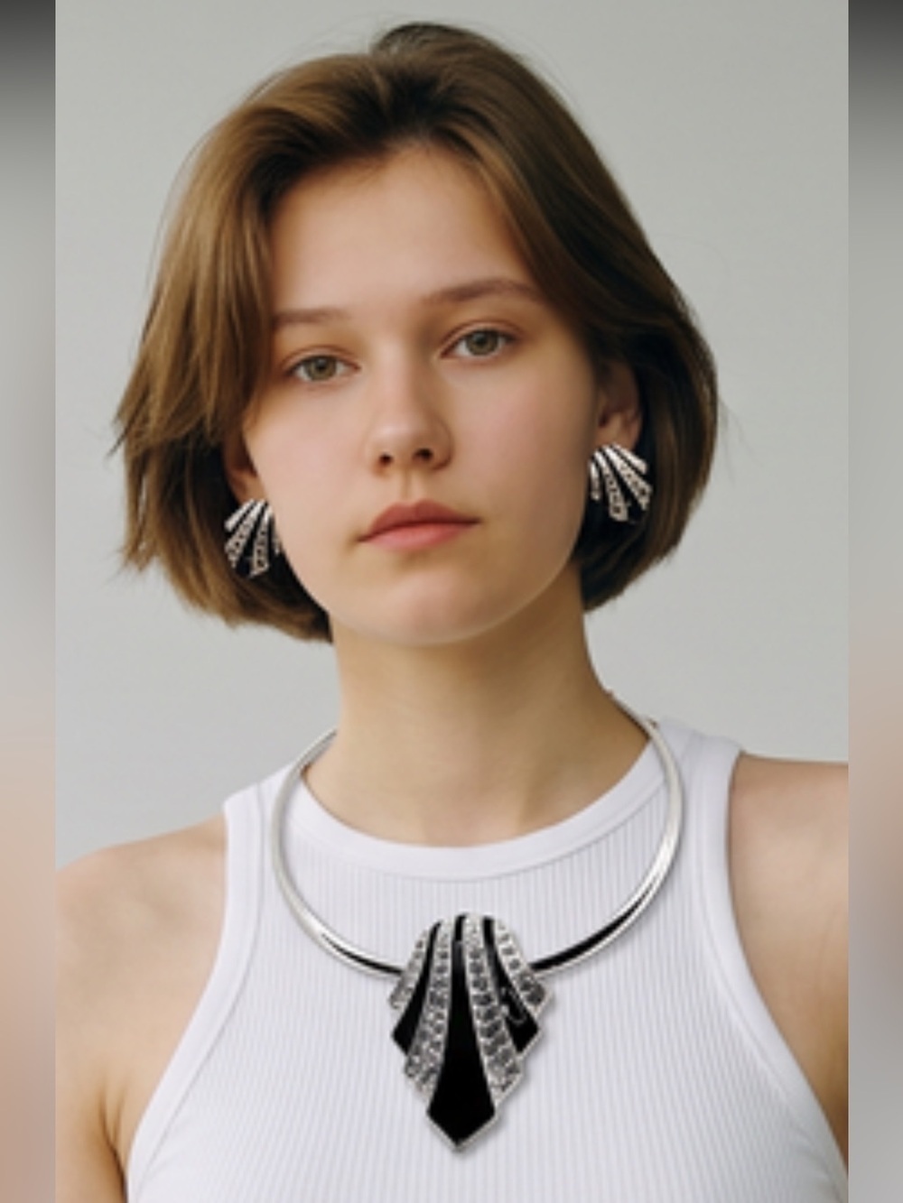 Nina Ricci for Avon Art Deco Crystal Collar Necklace & Earrings black Enamel